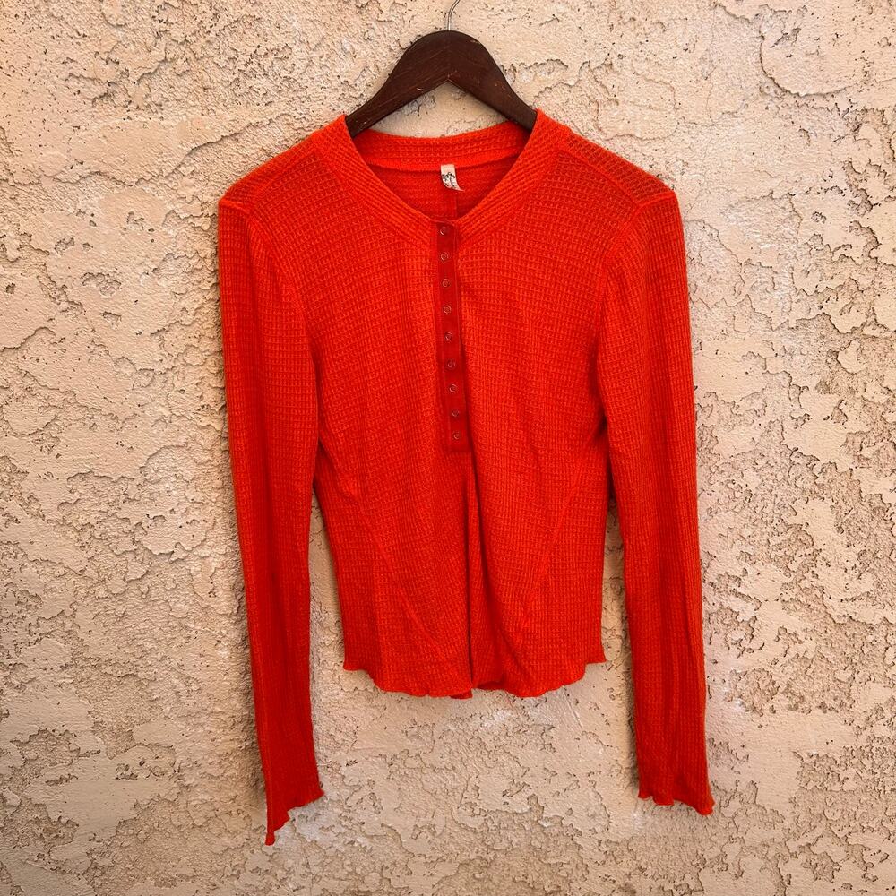 Free People Orange Waffle Knit Henley Top XS Boho Thermal Long Sleeve